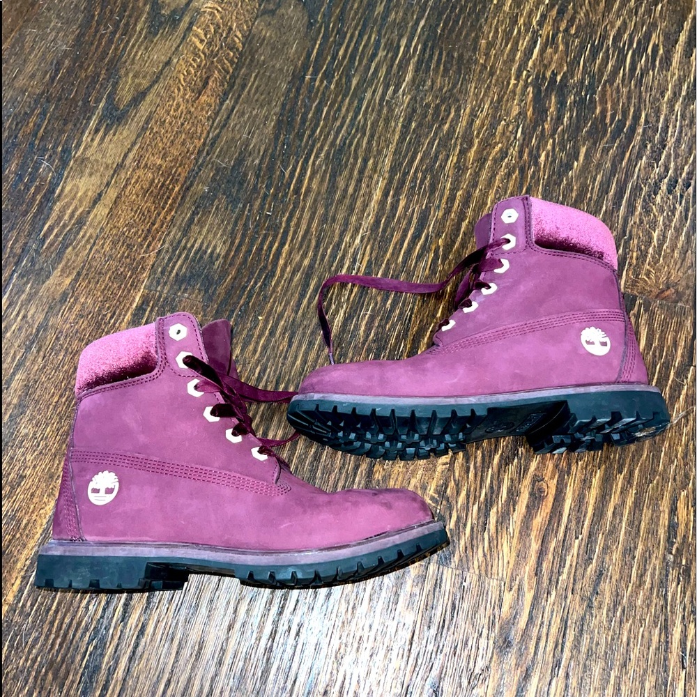 Timberland eggplant deep purple boots with velvet ankles and velvet laces.